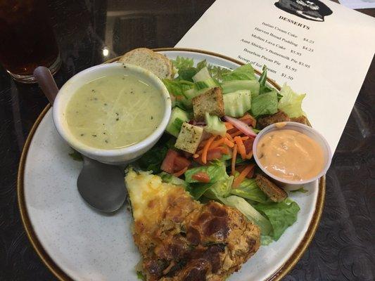 Quiche of the day with 2 sides ( i got garden salad and soup of the day that was lemmon pepper asparagus soup)