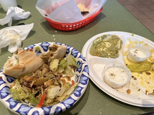 My llunch, GREEK SALAD w/ CHICKEN SHAWARMA. JALAPEÑO HIMMUS & PITA