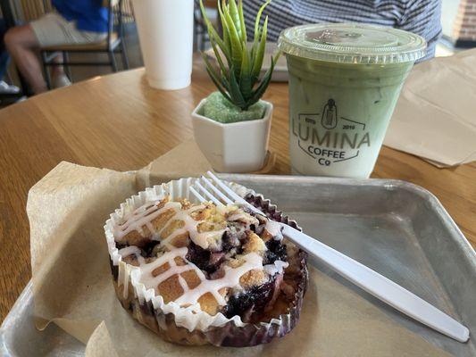 Matcha latte and lemon blueberry coffee cake