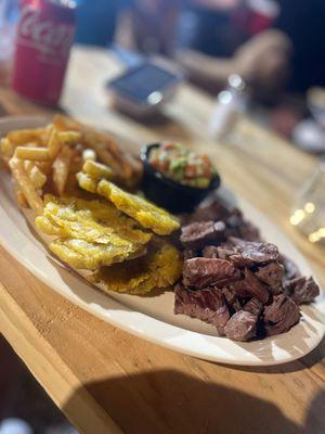 Bbq, Picaña, tostones, fries and salad