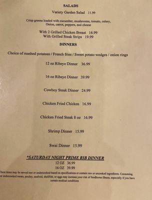 Dinner menu