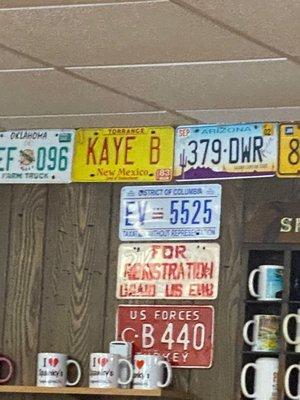 Some of the license plates that are all over the wall's, the shades for the lights, this gives Spanky's it charm.