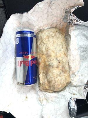 Burrito in comparison to a small Red Bull