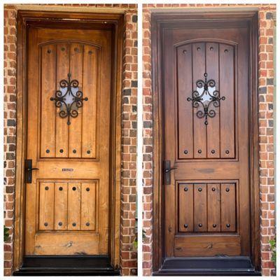 Front Door Refinishing 
Sand 
Stain ( oil base by Minwax )
Top coat ( Spar Exterior urethane by Minwax )