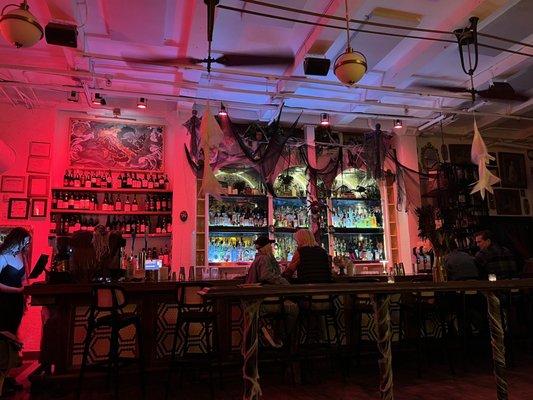 The bar area with all the Halloween decorations