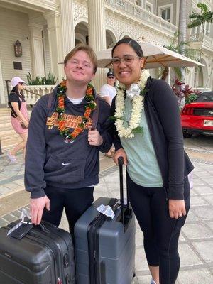 Leis on arrival to newlywed's hotel