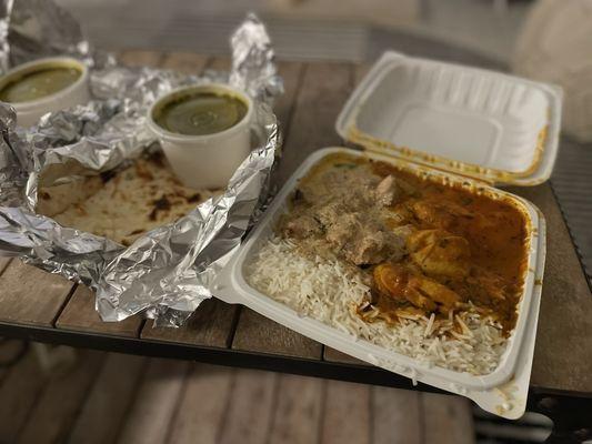 Chicken Tikka Masala, Chicken Korma, Palak Paneer, and Plain Naan