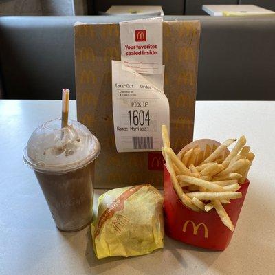 Cheeseburger and French Fries with a Chocolate Shake