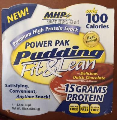 Sugar free, lactose free and gluten free chocolate pudding and only 100 calories with 15 grams of protein...good stuff!!!