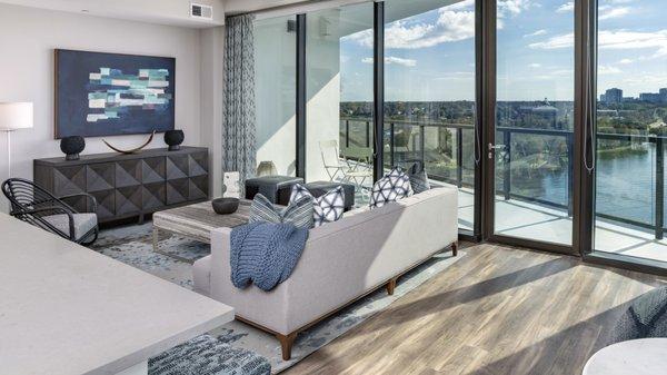 Lake House Orlando Apartments on Lake Ivanhoe Model Living Room with Floor to Ceiling Windows