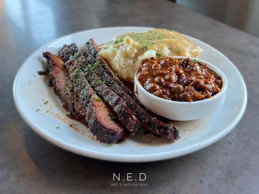 Texas Beef Brisket with Baked Beans and Mashed Potatoes