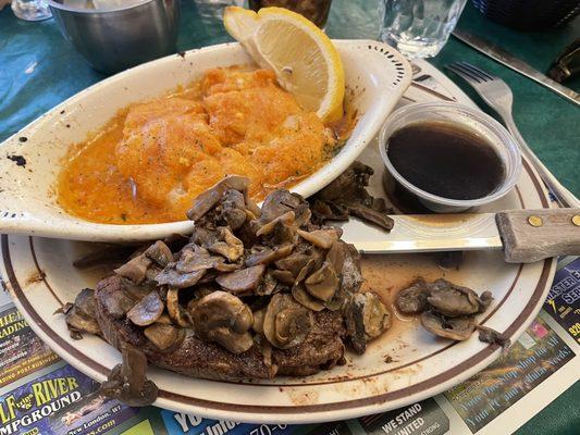 Combination of tenderloin and wine and butter sauce cod and added sautéed mushrooms