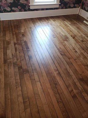 100 year old maple floor.  Refinished with provincial stain.