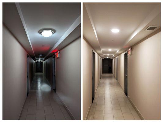 An LED retrofit job we did as part of ConEd's Multi-family Energy Efficiency Program.  Before and After.