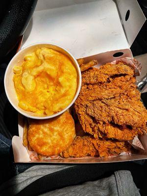 3 piece chicken, mac & cheese, cajun fries and biscuit