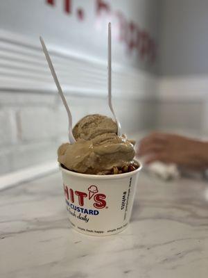 Sea Salt Caramel and Chocolate chocolate waffle cone and salted peanuts!