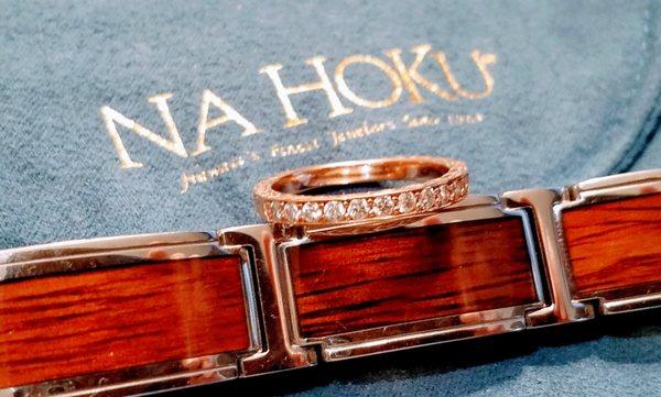 Rose Gold Maile scroll (hers) Stainless bracelet w/ Koa Wood inlays (his) #1 - the pics don't do the pieces justice, you must go in to see!