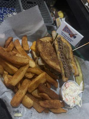 Patty melt and seasoned fries