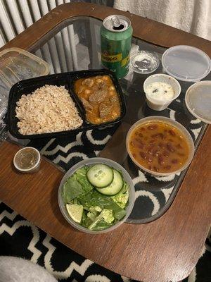 Lamb Stew, Red Beans, Side Salad, Dessert, and drink