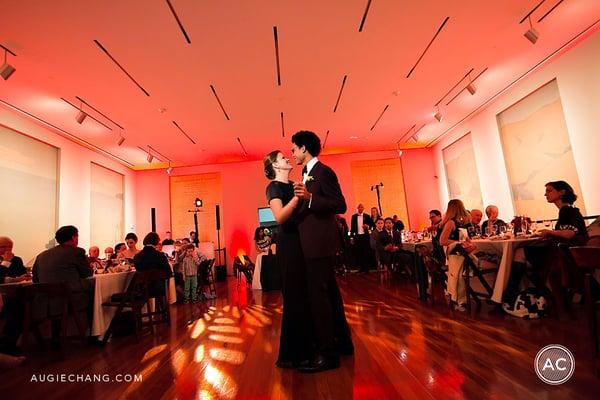 Wedding. deYoung Museum. Uplights, highlights, dance floor pattern wash, DJ/MC  services. May, 2013. Photo AugieChang.com