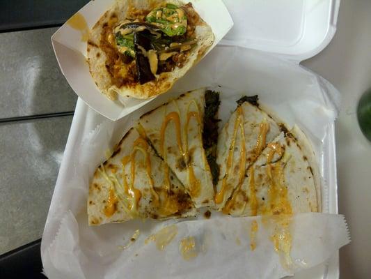 spicy pork taco and a bugolgi quesadilla