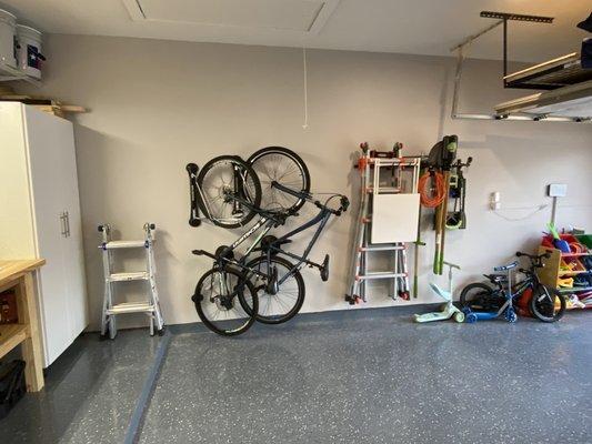 New storage cabinets & hanging racks for bikes and yard equipment