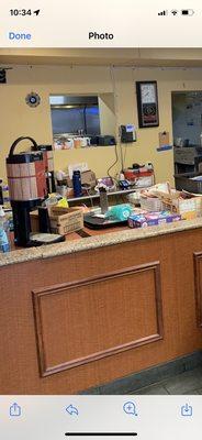 Messiness on counters where we're suppose to grab our coffee.