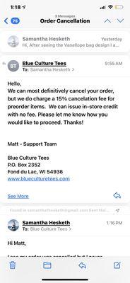 Response after my original request to cancel after design change