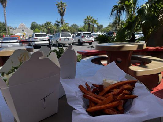 buddha bowl x2, sweet potato fries, outdoor seating