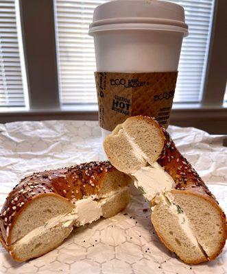 Everything bagel With scallion cream cheese + large hot coffee