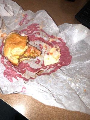 Piece of patty paper in my f*cking burger. I bit into it and it slid off the Jbc (jr. Bacon Cheeseburger)!