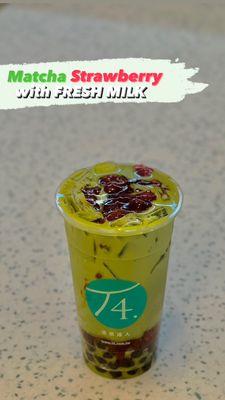 Matcha Strawberry with Fresh Milk. We also offer Coconut, Oat, Soy, & Almond Milk!