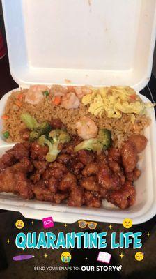 Orange Chicken with shrimp fried rice and extra eggs.