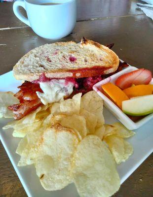 Bacon Brie Jelly Sandwich, fresh fruit and potato chips