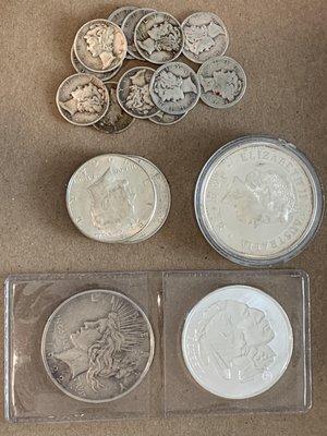 Mercury Dimes, Kennedy Half Dollars, 1 oz Australian silver coin, 1 oz Buffalo silver round, US $1 Peace Dollar