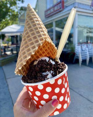 Double Scoop of Kohler's Donut & French Silk w/ Choc crunchies & homemade waffle cone