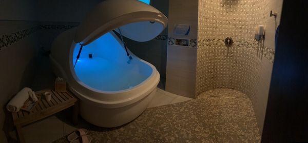 Clean, private room with shower, float pod, towels.