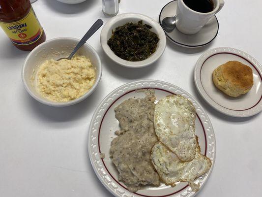 Biscuits and gravy, eggs, cheesy grits and collard greens.