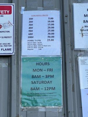 Hours and tank prices.  Closed on Saturday's in August!