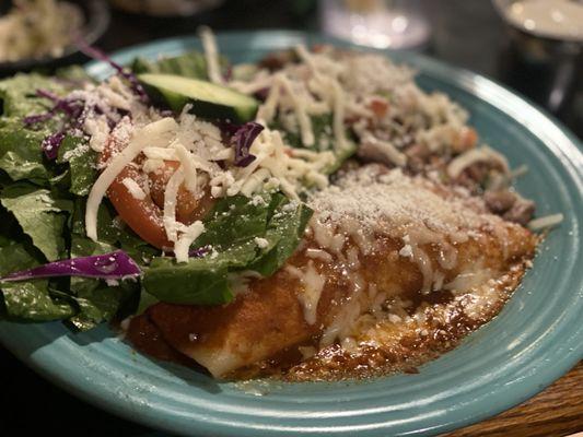 Chicken enchiladas w/whole beans and salad