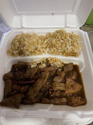 The "fried rice" is just white rice with some soy sauce mixed in...