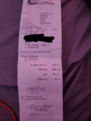 my actual receipt  $402 inc. tax for 2days shipping in Italy