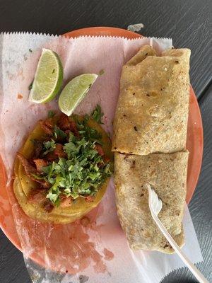 Pastor (Trompo) burrito & a street taco, no onions