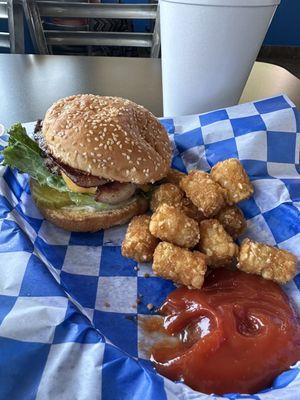 Bacon cheddar burger and tots! YUM!