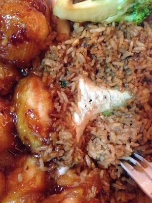 Yummy rice with styrofoam, and soggy orange chicken. :/