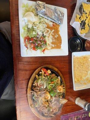 Chicken, steak, and shrimp Fajitas and the side