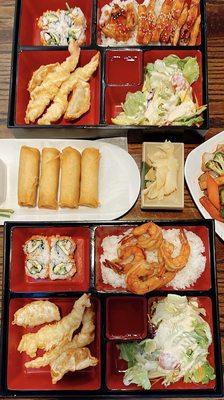 Chicken teriyaki bento; spring rolls; shrimp teriyaki bento