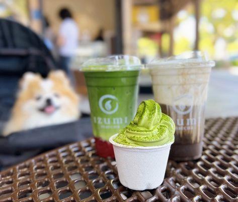 Strawberry Matcha Latte ($6.75+$1.50 extra matcha) & Crème Cheese Hōjicha Tea ($6.75). Free matcha soft serve for the soft opening.