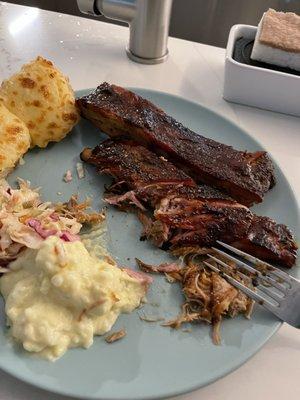 Ribs, coleslaw and potato salad (my rolls, but should have gotten some cornbread!)