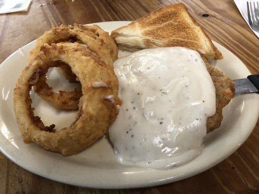 Small chicken fried steak and onion rings